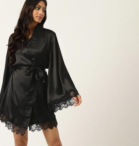 Women Black Solid Satin Robe With Lace Detail